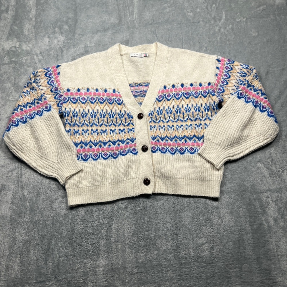 Lush Cropped Cardigan Sweater Womens Cream Multi Fair Isle‎ V-Neck Wool Blend XS